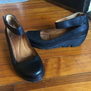 Clarks black Maryjane wedge with Velcro ankle strap